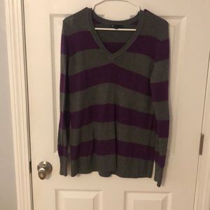 Purple and grey striped v neck sweater
